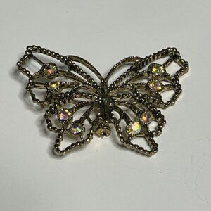 VTG Gold Tone Butterfly w/Rhinestones Openwork Framed Pin Brooch